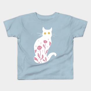 White kitty with pink flowers Kids T-Shirt